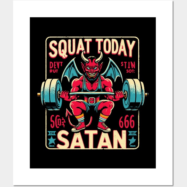 Squat Today Satan - Cartoon Devil - Workout Gym Wall Art by QuirkyInk